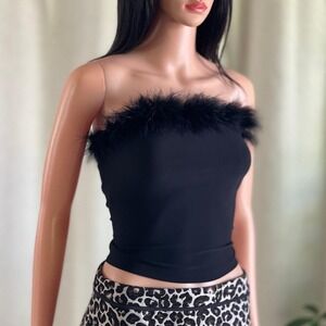 Vtg 90s Y2K Formula X Black Feather Trim Strapless Tube Top Trashy‎ Mc Bling S